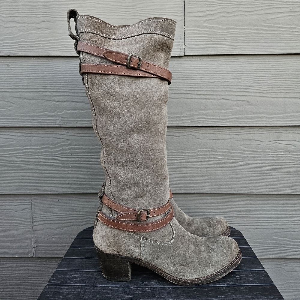 Frye Jane Strappy Heel Boots Tall Knee High Pull On Gray Suede Leather Womens 9